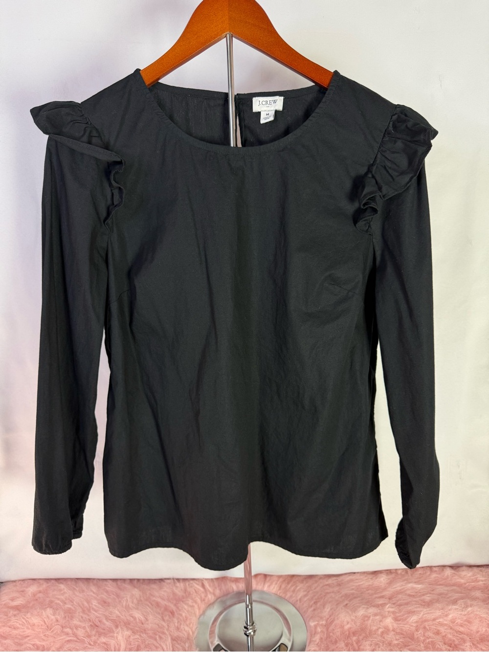 J. Crew Black Long-Sleeve Top with Shoulder Ruffle Size M